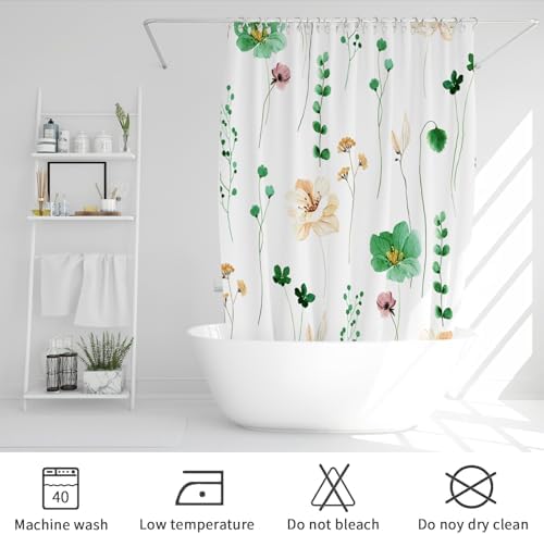 Gibelle Emerald Green Beige Watercolor Floral Fabric Shower Curtain, 72x72