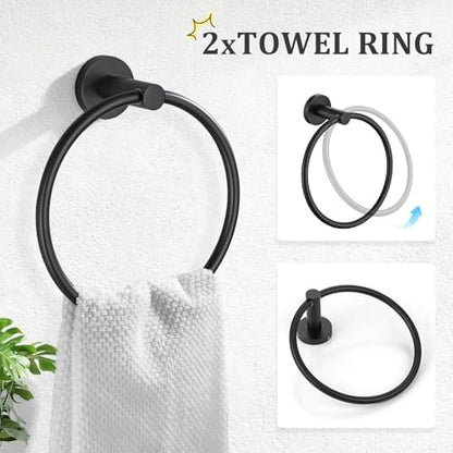 TURS Matte Black 8 Pieces Bathroom Hardware Set, SUS304 Stainless Steel 24 Inch and 20 Inch Bath Towel Bar Set, Round Bathroom Accessories Kit Wall Mounted Towel Holder
