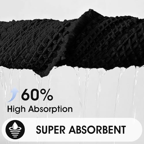 Upgraded Waffle Bath Mat, 32"x20" Black-Herringbone, Super Absorbent Non-Slip Quick Dry Bathroom Rugs with Tassels, Machine Washable Ultra Soft Boho Bath Rugs, Toilet Mats Boho Farmhouse Decor
