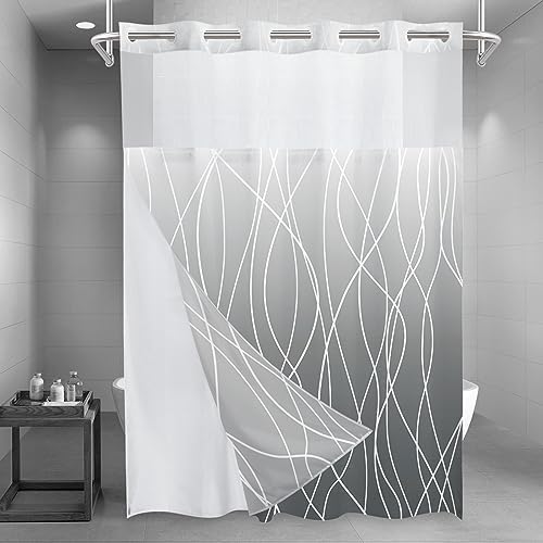 LXBNI Ombre Grey No Hook Shower Curtain with Liner, 71 x 86 Inch