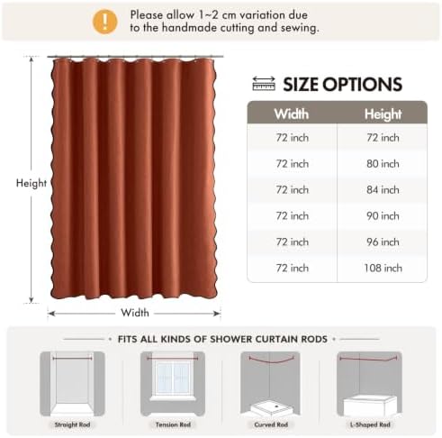 ANRODUO Burnt Orange Scalloped Linen Textured Shower Curtain, W72 x L108
