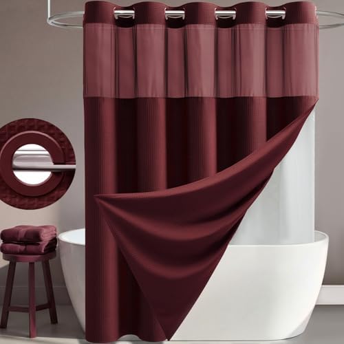 Dynamene Burgundy Hook Free Waffle Shower Curtain & Snap Fabric Liner,72x99