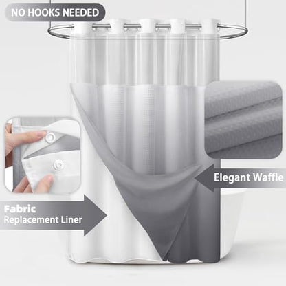 No Hook Shower Curtain with Liner Set Hotel Waffle Ombre Grey 72W X 75L