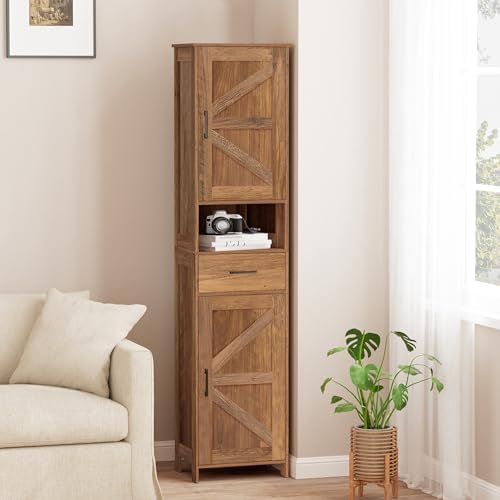 Homhedy 67" H Tall Bathroom Storage Cabinet with Barn Doors and Drawer