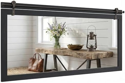 27"x49" Black Wood Grain Barn Door Wall Mirror with Wood Header