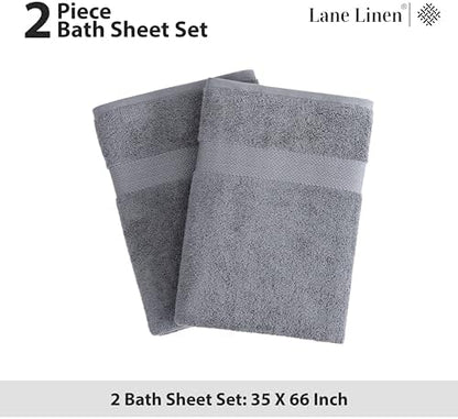 LANE LINEN Bath Sheet Quick Dry 100% Cotton 2 Pack Soft - Cool Grey
