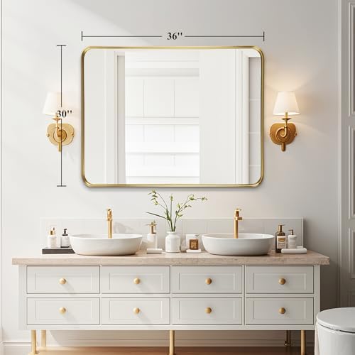 Gold Bathroom Vanity Mirror Over Sink 30x36, Large Wall Rectangle Mirror