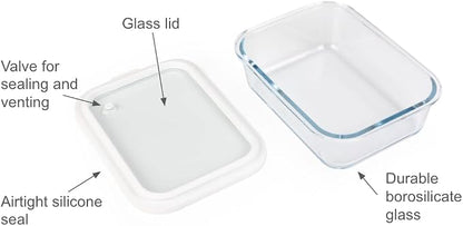 Sio GLASS storage containers with GLASS lids, NO PLASTIC, Set of 3, Airtight Small Medium Large for Food Meal Prep, Silcone Bowl Container (White)