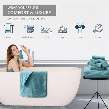 8 Piece Bathroom Towel Set |2 Oversized Large Bath Towels Sheet,2 Hand Towels and 4 Washcloths| 600GSM Ultra Soft Luxury Premium Towel Set Highly Absorbent Quick Dry Hotel Towel Collection,Turquoise