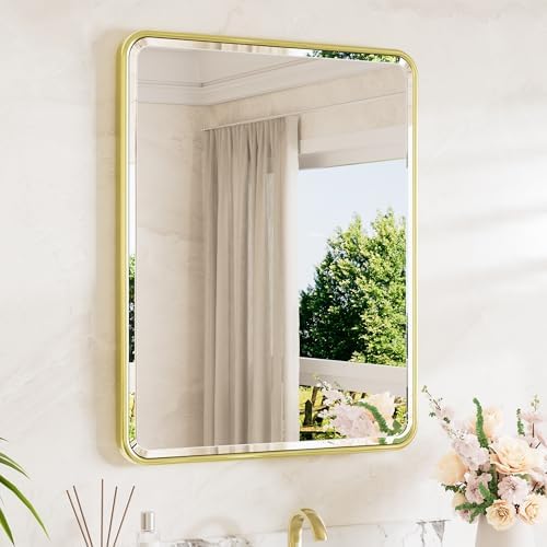 TETOTE Brushed Gold Bathroom Mirror 24 x 30 Beveled Edge Tempered Glass, Rounded Corner Rectangle Bathroom Mirror for Over Sink for Modern Bathroom, Living Room, Bedroom, Entryway