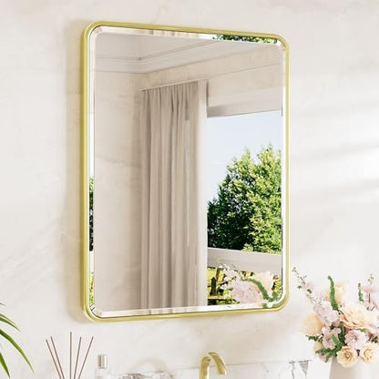 TETOTE Brushed Gold Bathroom Mirror 24 x 30 Beveled Edge Tempered Glass, Rounded Corner Rectangle Bathroom Mirror for Over Sink for Modern Bathroom, Living Room, Bedroom, Entryway