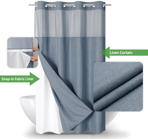 eachope No Hook Linen Texture Shower Curtain and Liner Set,54x80 Blue Grey