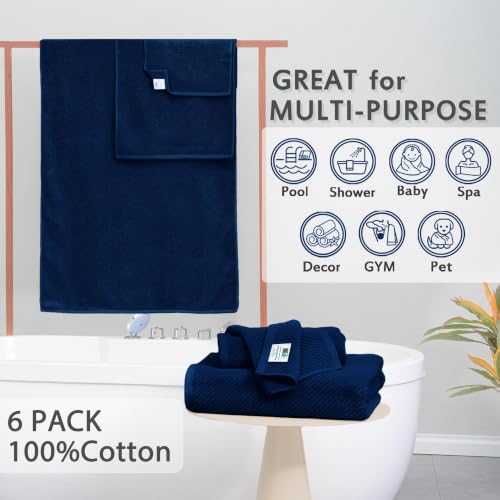 VOOVA & MOVAS 6PC Towel Set, 100% Cotton, Navy Blue
