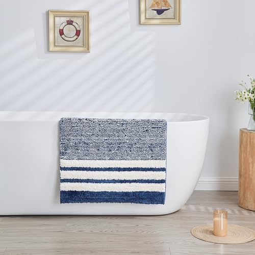 CozeCube Navy Blue Striped 24"x16" Non Slip Washable Bath Mat