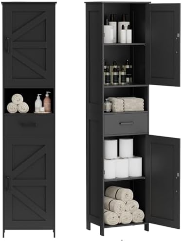 Homhedy 67" H Tall Bathroom Storage Cabinet with Barn Doors and Drawer