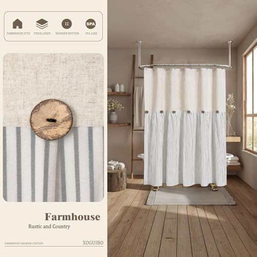 Farmhouse Shower Curtain Linen Button Grey Stripe 72" W x 72" L