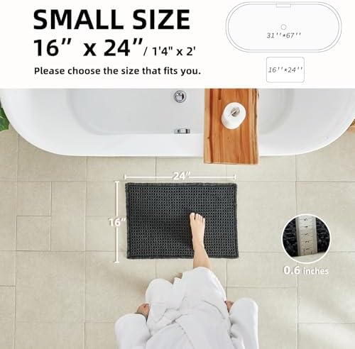 TYUU Black Waffle Bath Mat, Small Boho Bathroom Rugs Non Slip 24x16