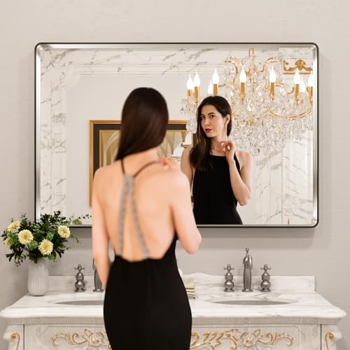 LOAAO 50X30 Inch Brushed Nickel Bathroom Mirror, Rounded Rectangle Silver Metal Frame Mirror, Brushed Nickel, Anti-Rust, Shatter Proof, Hangs Horizontally or Vertically