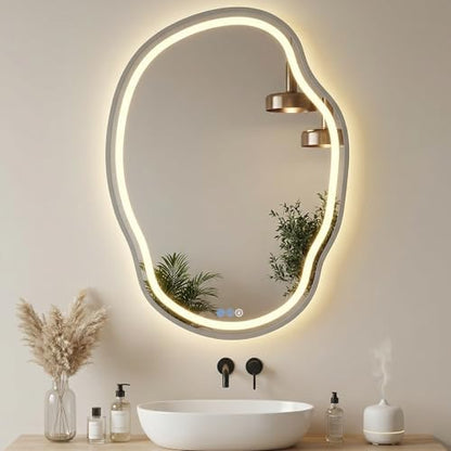 Irregular Wall Mirror 25 x 35 Inch, Lighted Mirrors for Bathroom Wall, Asymmetrical LED Mirror for Bathroom with Anit-Fog, Dimmable, Memory Function (Horizontal/Vertical)