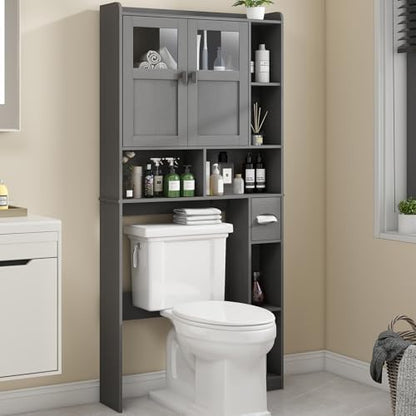 Vabches Over The Toilet Storage Cabinet with Doors and Shelf, Natural Grey