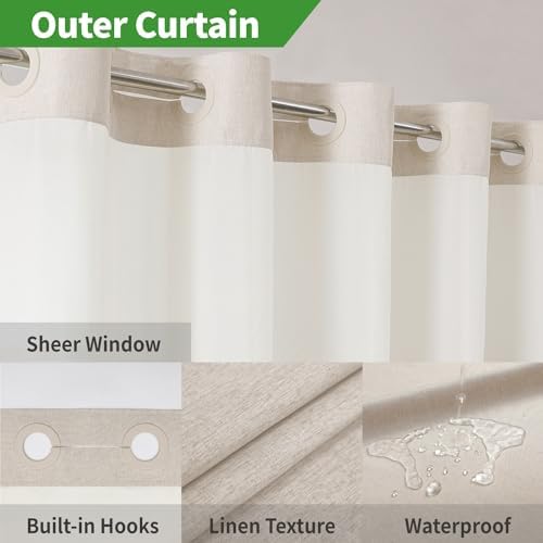 Eachope No Hooks Polyester Textured Shower Curtain with Snap-in Fabric Liner Set, Hotel Luxury Decor Shower Curtains for Bathroom with See Through Top Window, Waterproof & Washable, 71Wx74H, Cream