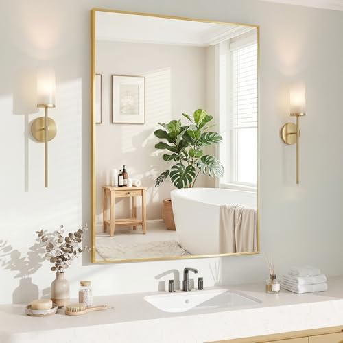 Koonmi Gold Mirrors for Wall, 30x40 Inch Bathroom Mirror, Rectangular Wall Mirror for Living Room Bedroom Bathroom, Hangs Horizontally or Vertically