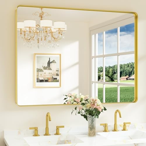 Keonjinn 48 x 36 Inch Brushed Gold Bathroom Vanity Mirror, Tempered Glass