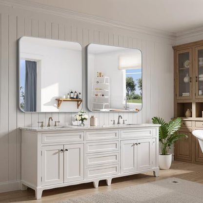 FORBATH 40x36 Inch Silver Bathroom Mirror for Over Sink, Large Rectangular Wall Mirror with Metal Frame, Rounded Corners for Bathroom, Bedroom, Entryway Decor (Horizontal or Vertical)