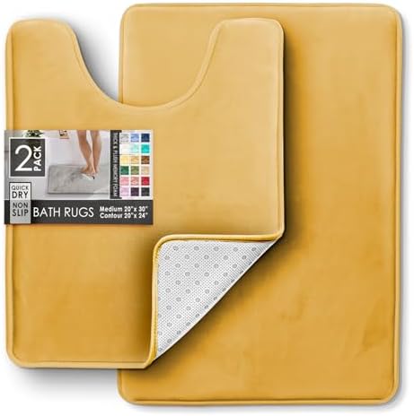 Clara Clark 2 Piece Bathroom Rugs, Velvet Memory Foam Bath Mat Set, Non-Slip Bath Rugs, Machine Wash, Dries Quickly, Ultra Soft Plush Bath Mats for Bathroom, 20 x 32 + Contour, Camel Gold