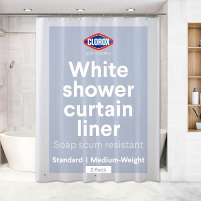 Clorox Shower Curtain Liner, Premium Medium-Weight Flexible Waterproof 6g PEVA for Bathroom with Weighted Magnets, Standard Size 72" x 72", White 2 Pack