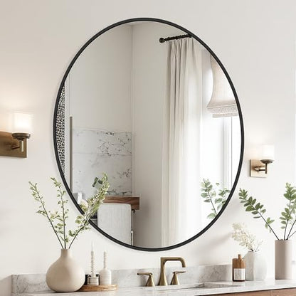 Delma 30 Inch Black Round Circle Mirror for Bathroom Wall, Metal Frame