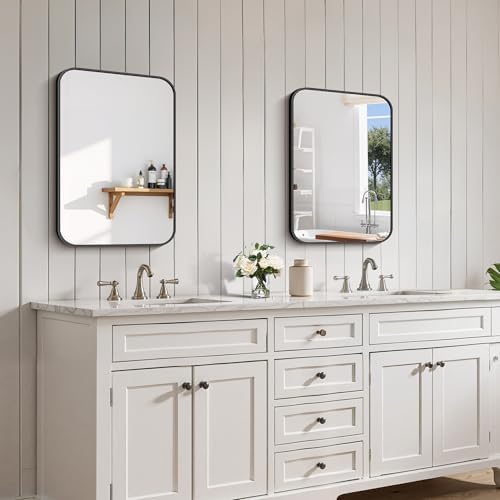 FORBATH Black Bathroom Mirror for Over Sink, Wall Mirror 16x24 Inch with Metal Frame, Rounded Corners for Bathroom, Bedroom, Entryway Décor
