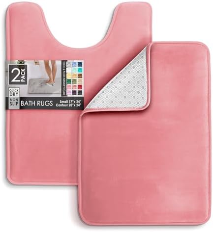 Clara Clark 2 Piece Bathroom Rugs, Velvet Memory Foam Bath Mat Set, Non-Slip Bath Rugs, Machine Wash, Dries Quickly, Ultra Soft Plush Bath Mats for Bathroom, 17 x 24 + Contour, Coral Pink
