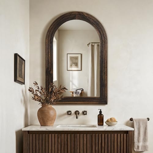 Arched Bathroom Mirror, 36"x24" Brown Wood Frame Wall Mirror