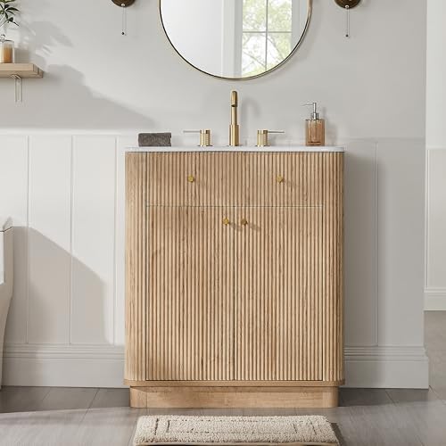 T4TREAM 30" Fluted Bathroom Vanity with Single Sink, Natural Oak