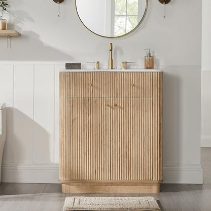 T4TREAM 30" Fluted Bathroom Vanity with Single Sink, Natural Oak