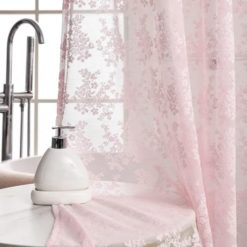 Pink Lace Shower Curtain 36x72, Cute Girly Half Size with Attached Valance