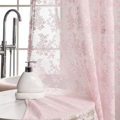 Pink Lace Shower Curtain 36x72, Cute Girly Half Size with Attached Valance