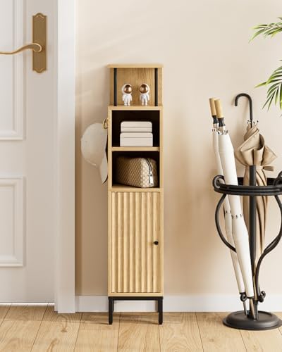 Bathroom Storage Cabinet,Small Corner Floor Cabinet with 2 Hook,Narrow Tall Toilet Paper Cabinet with Adjustable Shelves,Bathroom Organizer for Living Room,Small Spaces (Wave, Oak-37''H)