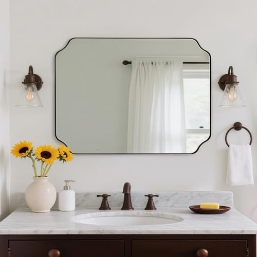 ANDY STAR Rectangle Mirror 30x40 Inch, Brushed Bronze Scalloped Mirror for Bathroom, Rust-Proof Stainless Steel 1" Frame, Antique Scalloped Edge Design Ideal for Home Decor