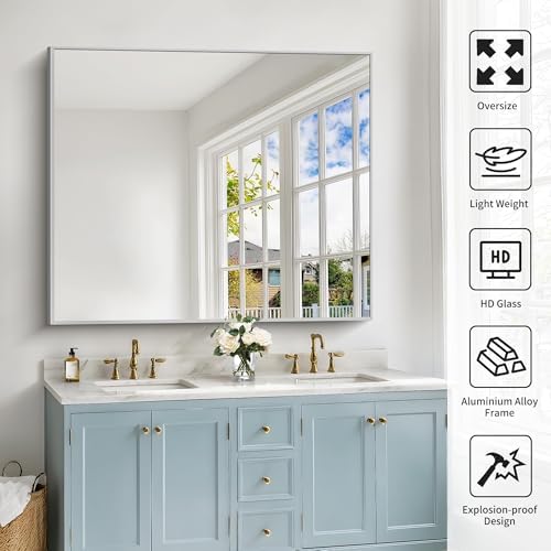 COFENY 40x48inch Silver Bathroom Mirror, Silver Rectangle Mirror with Frame, Large Rectangular Wall Mirrors for Bathroom, Living Room, Hair Salon, Big Farmhouse Mirror Hang Horizontal/Vertical