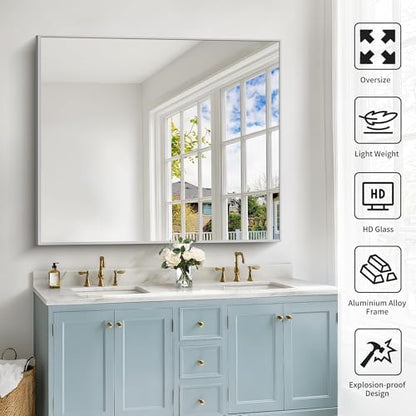 COFENY 40x48inch Silver Bathroom Mirror, Silver Rectangle Mirror with Frame, Large Rectangular Wall Mirrors for Bathroom, Living Room, Hair Salon, Big Farmhouse Mirror Hang Horizontal/Vertical