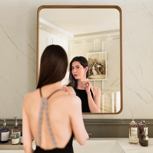LOAAO 28X36 Bathroom Mirror with Wood Grain Colored Metal Frame