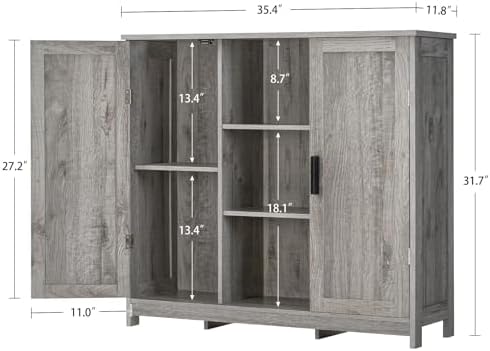 Iwell Storage Cabinet with 2 Doors and 4 Adjustable Shelves, Buffet Cabinet with Storage, Floor Cabinet for Living Room, Entryway, Kitchen, Rustic Gray