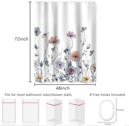 AWERT Wildflower Stall Shower Curtain for Bathroom Watercolor Floral Half Size Shower Curtain with Hooks Waterproof Flower Printing Fabric Bathroom 36x72inch