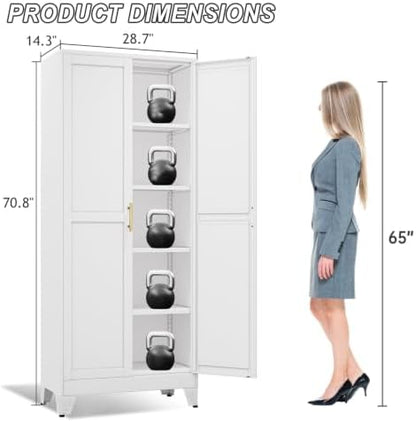 winiowa Metal Pantry Cabinet with 2 Doors and Adjustable Shelves - 71" Kitchen Storage Cabinet with Gold Handles - Versatile Storage for Kitchen, Bathroom, Dining Room, Utility Room - White