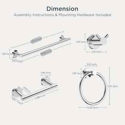 FORIOUS Bathroom Accessories, 4-Piece Bathroom Hardware Set - 18" Towel Bar