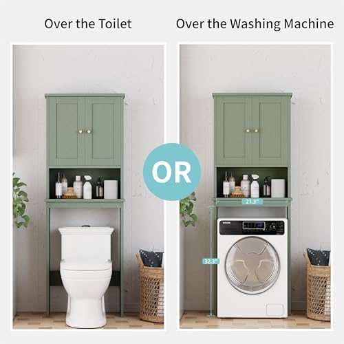 Shintenchi Over the Toilet Storage Cabinet, Bathroom Shelf Organizer with Anti-Tip Device Small Freestanding Space Saver with Adjustable Shelf，Green