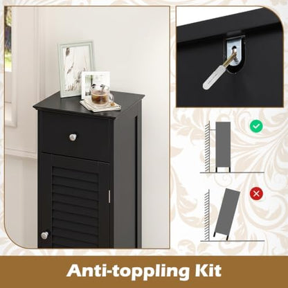 GIANTEX Bathroom Floor Storage Cabinet with Louvered Door and Drawer, Black