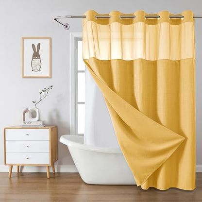 eachope No Hook Long Waffle Shower Curtain, Snap-in Liner, 71x86 in, Gold